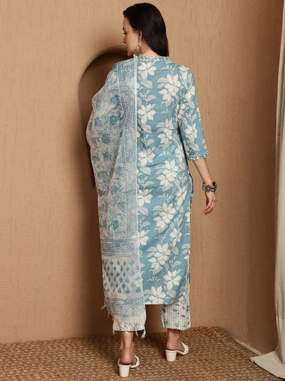 Dhiyona SN Women's Floral Printed Straight Kurta With Trouser & Dupatta