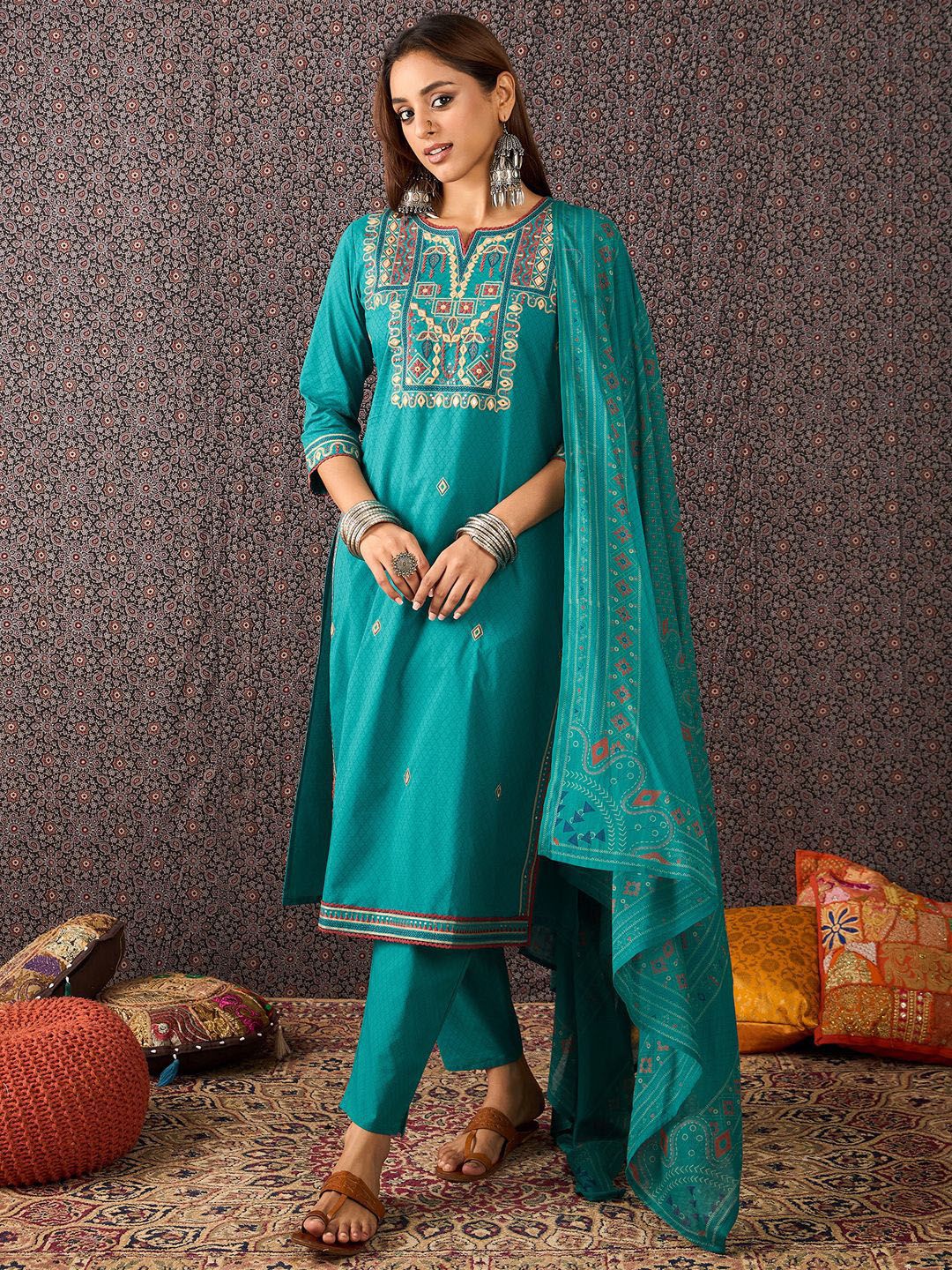 Women Embroidered Straight Kurta Trousers With Dupatta Set