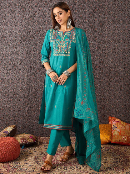 Women Embroidered Straight Kurta Trousers With Dupatta Set