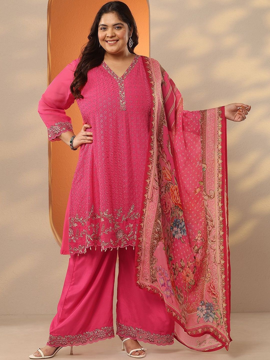 Dhiyona Women's Plus Size Embroidered V-Neck A-Line Kurta With Palazzos & Dupatta