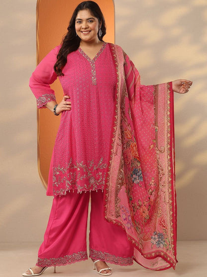 Dhiyona Women's Plus Size Embroidered V-Neck A-Line Kurta With Palazzos & Dupatta