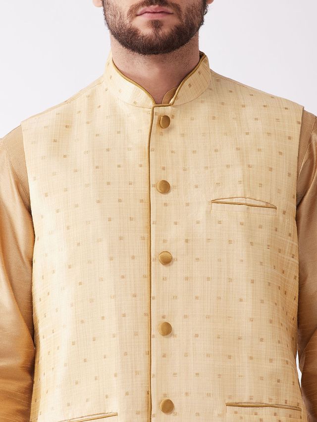 Men's Rose Gold Silk Blend Straight Jacket  Kurta and Dhoti Set