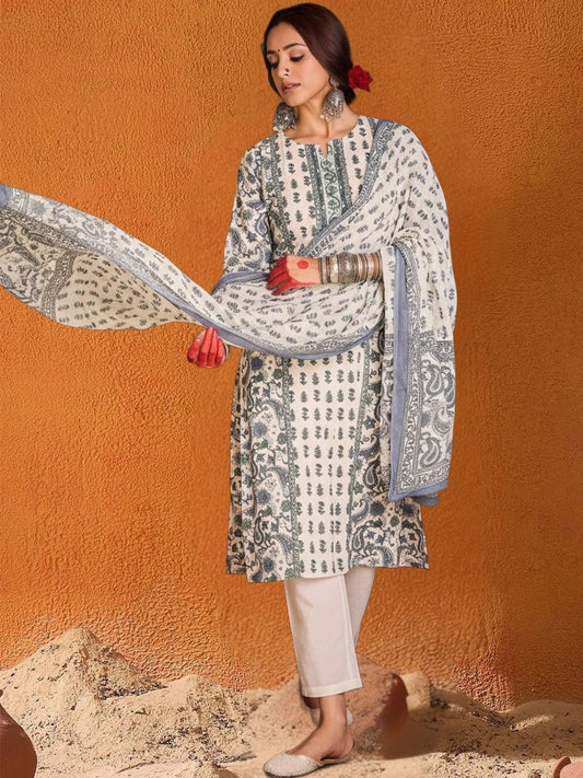 Women Ethnic Motifs Printed Panelled Pure Cotton Kurta with Trousers & With Dupatta