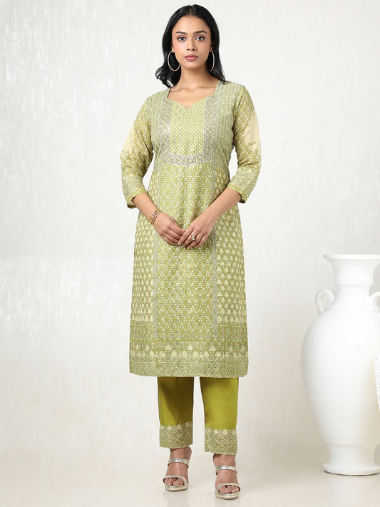Dhiyona SO Women's Women Floral Printed Regular Beads and Stones Chanderi Cotton Kurta with Trousers