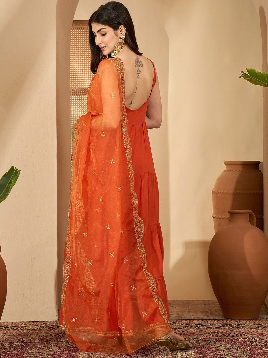 Dhiyona SN Women's Shoulder Straps Floor Length Kurta with Trousers & Embroidered Dupatta Set