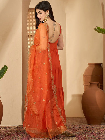 Dhiyona SN Women's Shoulder Straps Floor Length Kurta with Trousers & Embroidered Dupatta Set