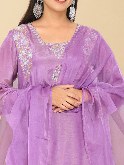 Dhiyona IS Women's Embroidered Thread Work A-Line Kurta with Trousers & Dupatta