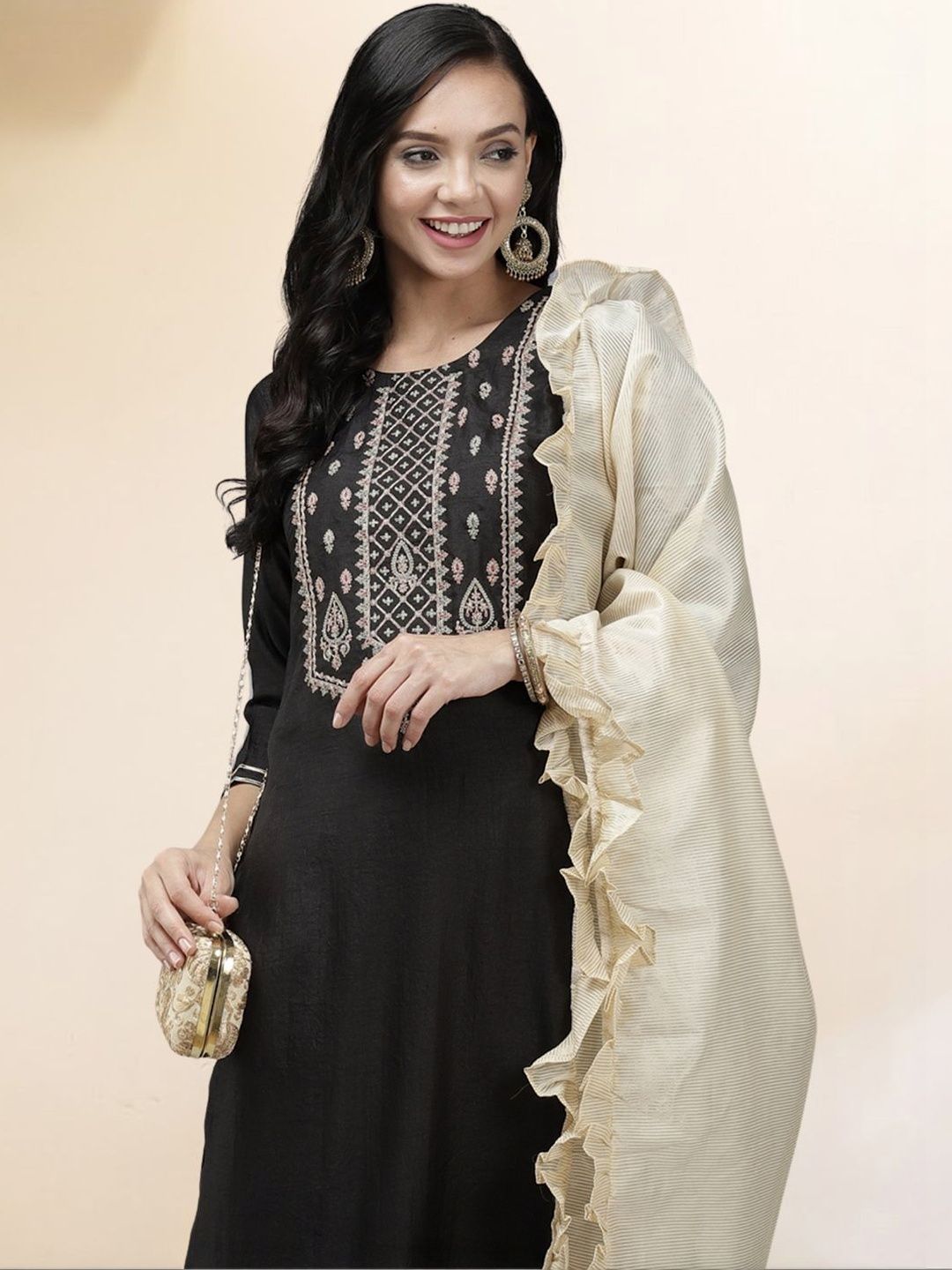 Women Ethnic Motifs Embroidered Regular Thread Work Liva Kurta with Trousers & With Dupatta