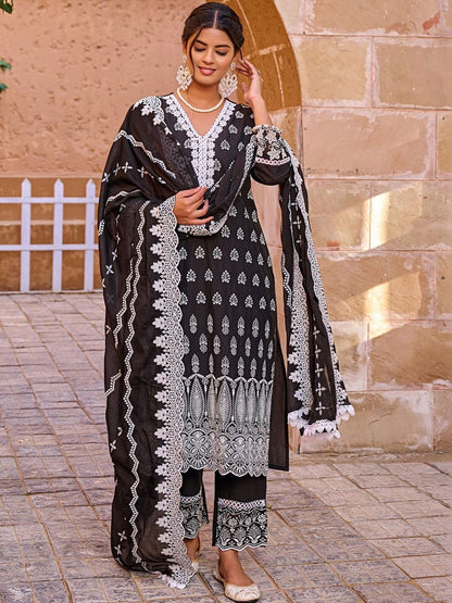 Women Ethnic Motifs Embroidered Regular Thread Work Pure Cotton Kurta with Trousers & With Dupatta