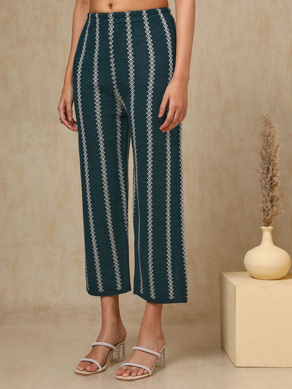 Dhiyona SO Women's Teal Green Paisley Woven Design Mandarin Collar Acrylic Straight Kurta With Trouser