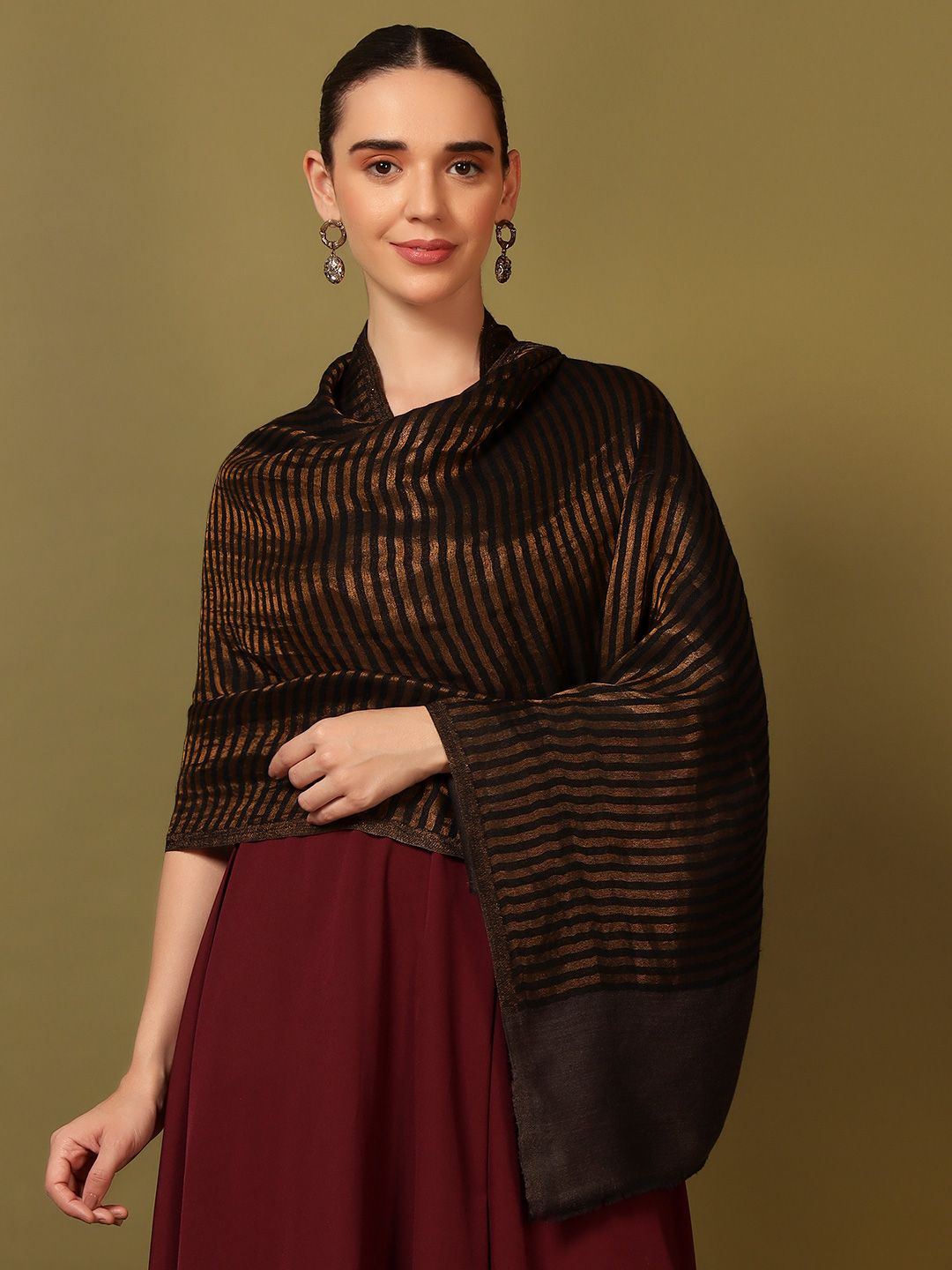 Dhiyona PA Striped Woven Design Woollen Reversible Shawl
