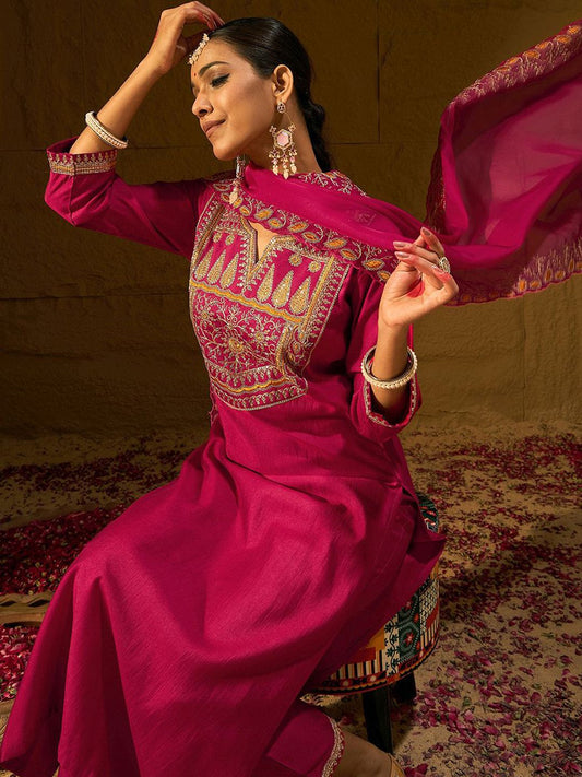Dhiyona IE Ethnic Motifs Embroidered Sequinned Liva Straight Kurta With Trousers & Dupatta