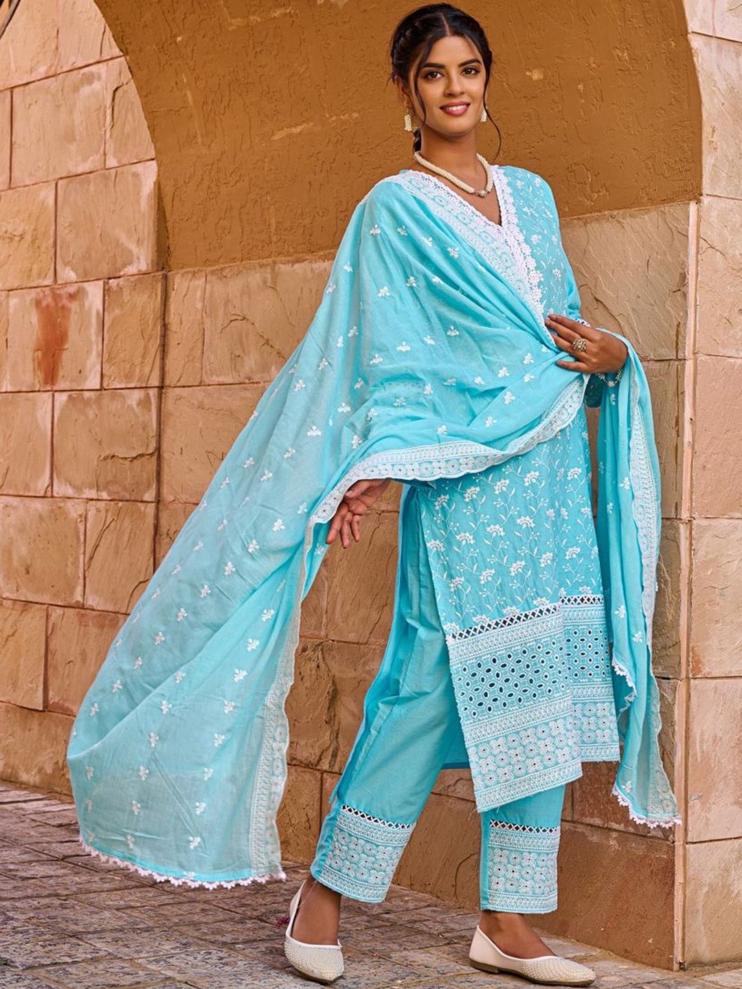 Women Ethnic Motifs Embroidered Regular Chikankari Pure Cotton Kurta with Trousers & With Dupatta