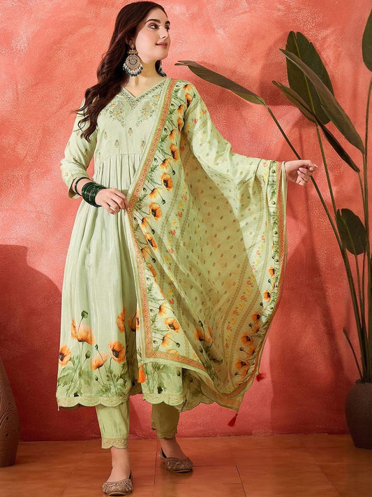 Dhiyona CH Women Floral Printed Empire Kurta with Trousers & Dupatta