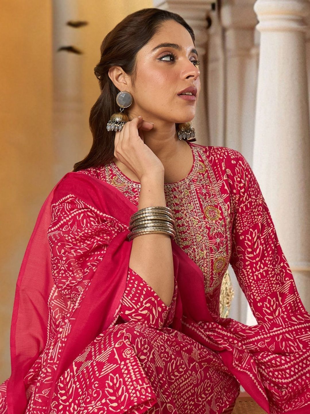 Women Ethnic Motifs Printed Regular Thread Work Pure Cotton Kurta with Trousers & With Dupatta