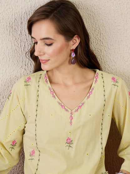 Women Floral Embroidered Cotton A-Line Kurta with Trousers