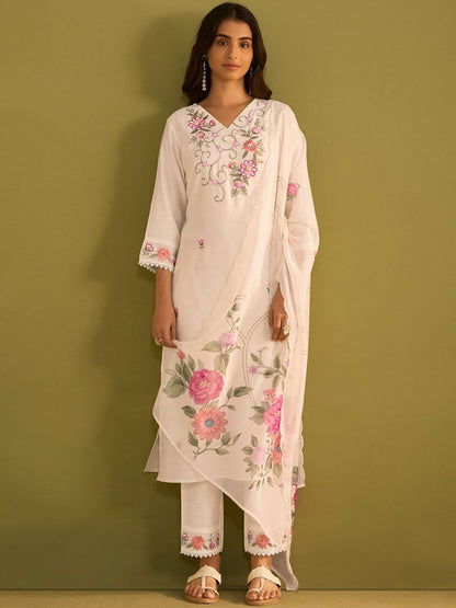 Dhiyona IE Women Floral Embroidered Regular Thread Work Kurta with Trousers & With Dupatta