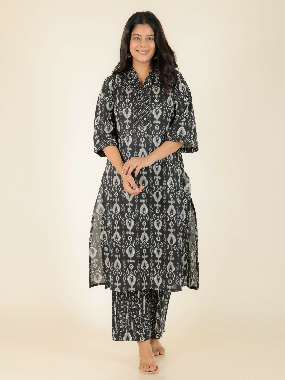 Women's Black Soft Cotton Ikat Straight Kurta for Women