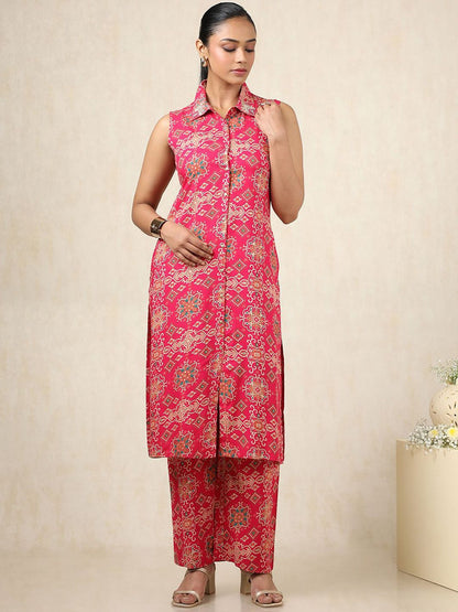 Dhiyona SO Women's Ethnic Motifs Printed Sleeveless Shirt Collar Straight Kurta With Palazzo