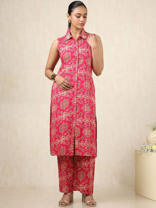 Dhiyona SO Women's Ethnic Motifs Printed Sleeveless Shirt Collar Straight Kurta With Palazzo