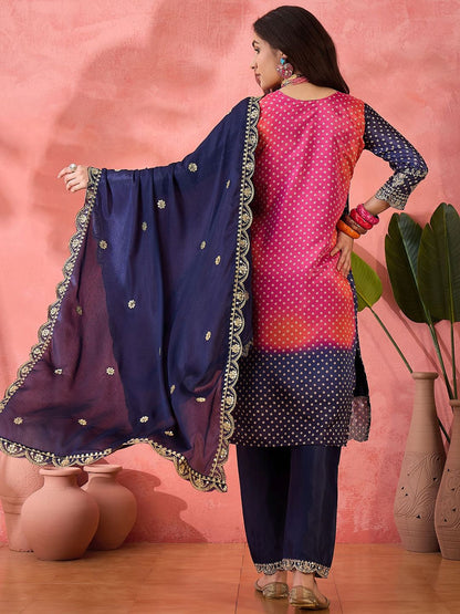 Dhiyona SN Women's Bandhani Printed with Embroidered Kurta With Trousers & Dupatta