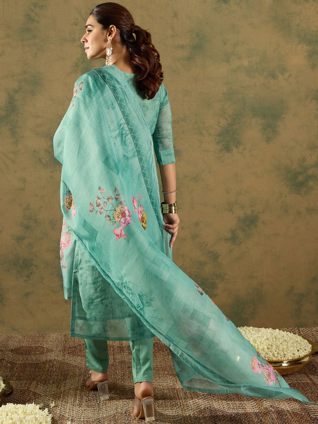 Floral Embroidered Thread Work Chanderi Silk Kurta with Trousers & Dupatta