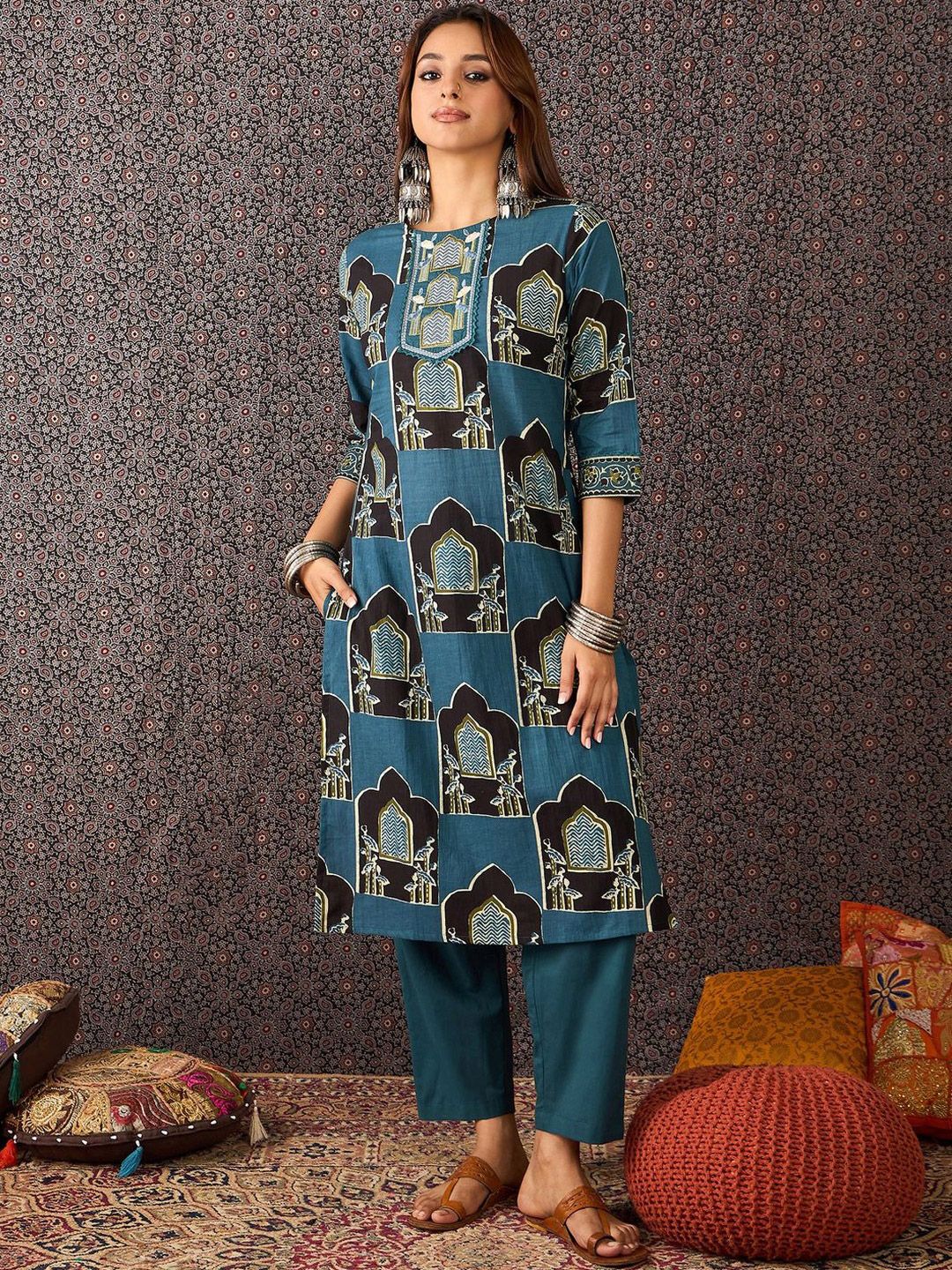 Women Ethnic Motifs Printed Regular Pure Cotton Kurta Set With Dupatta