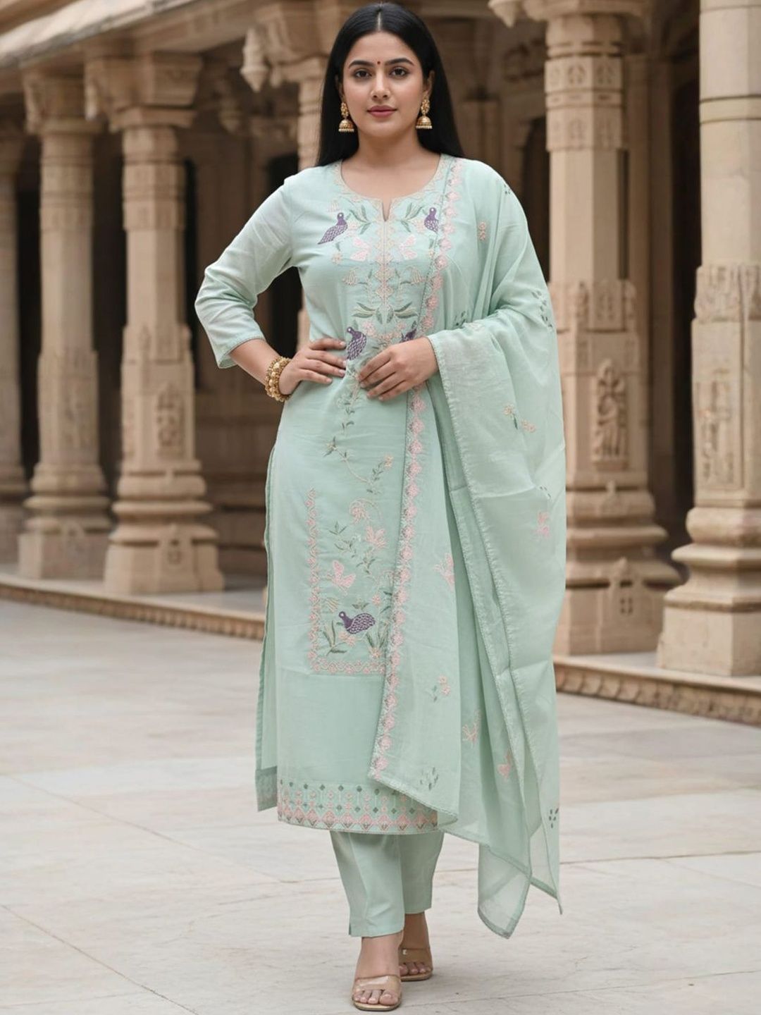 Dhiyona IE Floral Embroidered Thread Work Pure Cotton Straight Kurta & Trousers With Dupatta