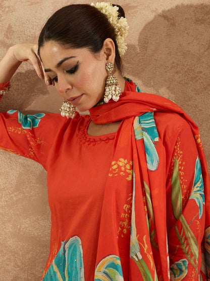 Dhiyona IE Women Floral Printed Regular Pure Cotton Kurta with Trousers & Dupatta