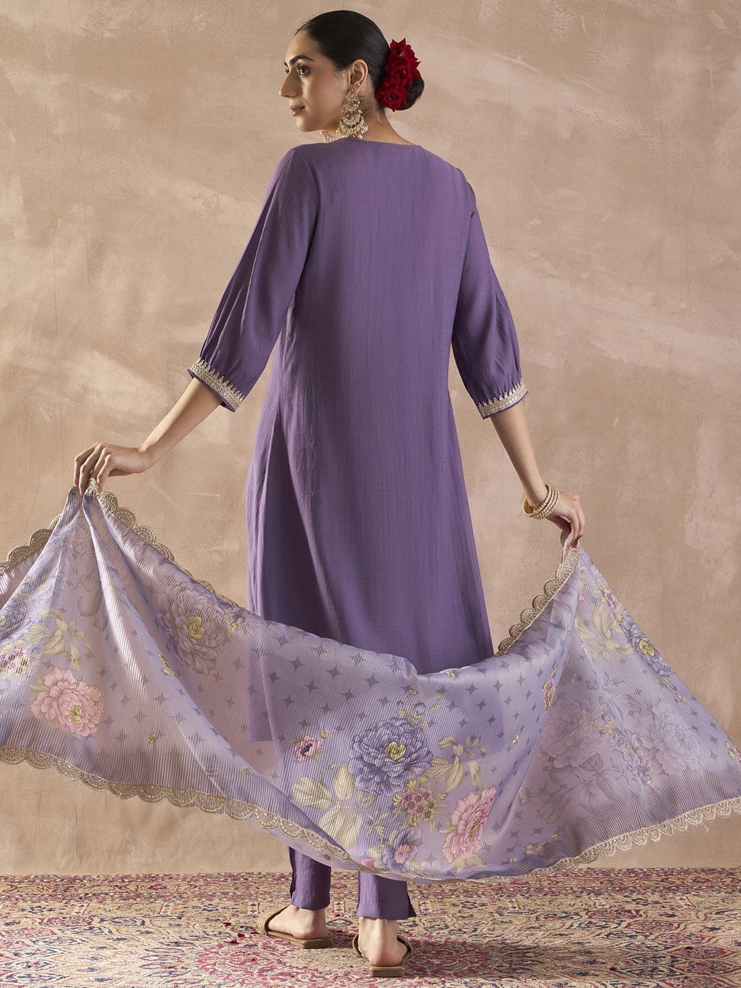 Sequinned A-Line Kurta With Trousers & Dupatta