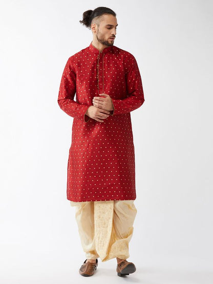 Men's Maroon Silk Blend Straight Kurta and Dhoti Set