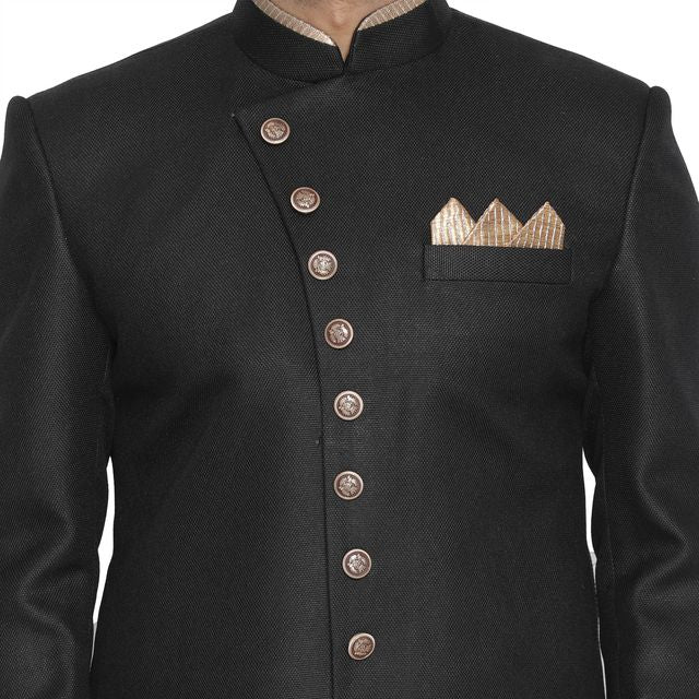 Men's Black Polyester Lurex Blend Straight Sherwani Set