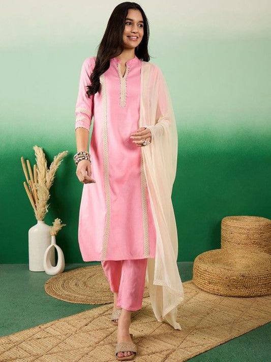 Dhiyona SN Women's Sequin Embroidered Straight Kurta & Trousers With Dupatta