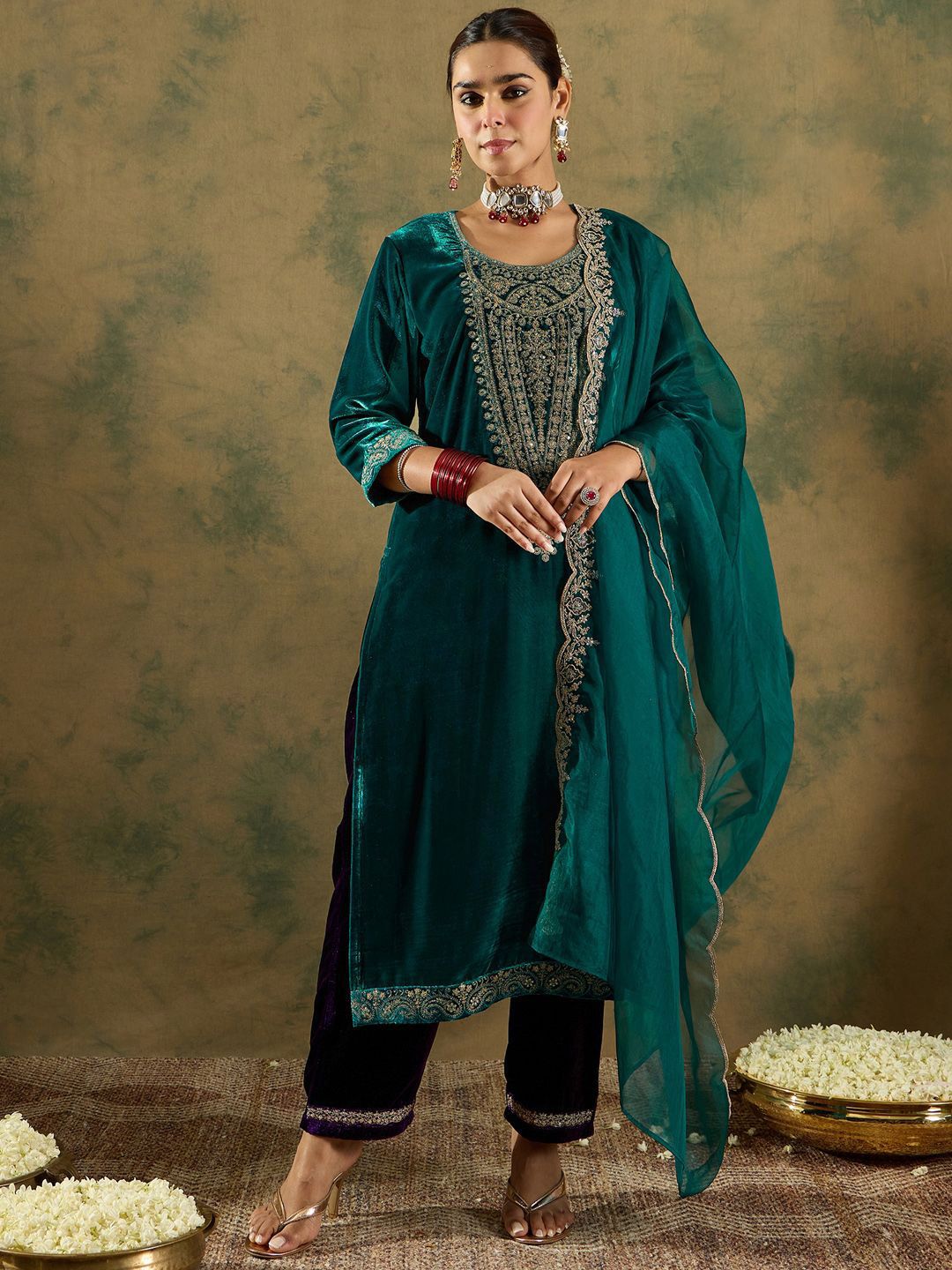Floral Yoke Design Sequinned Velvet Straight Kurta With Trousers & Dupatta
