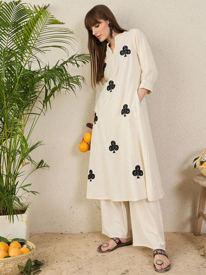 Floral Embroidered Mandarin Collar Thread Work Pure Cotton A-Line Kurta & Palazzo
