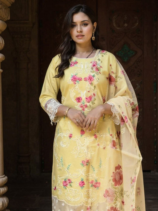 Dhiyona IE Women's Women Floral Printed Regular Thread Work Kurta with Trousers & Dupatta