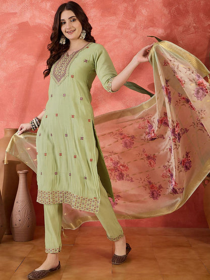 Dhiyona SN Women's Floral Embroidered Notch Neck Sequinned Straight Kurta With Trousers And Dupatta