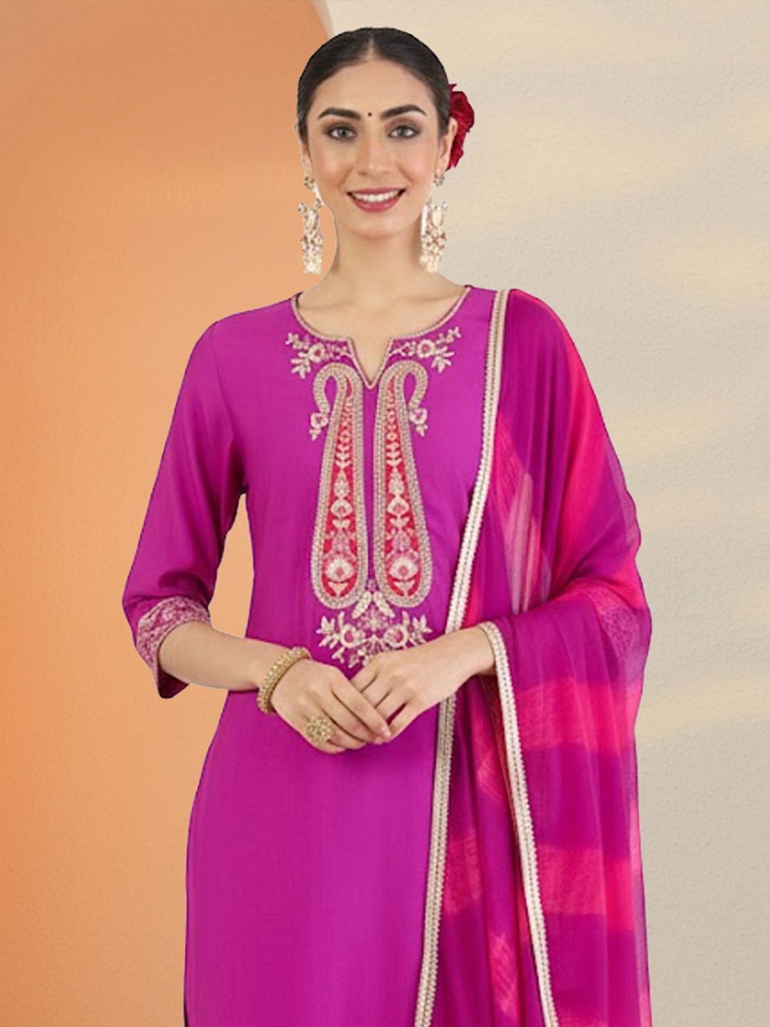 Women Ethnic Motifs Embroidered Regular Thread Work Kurta with Trousers & With Dupatta