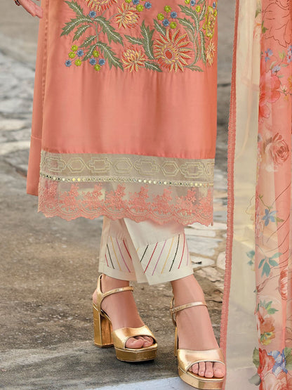 Dhiyona IE Women's Floral Embroidered Mirror Work Kurta with Trousers & Dupatta