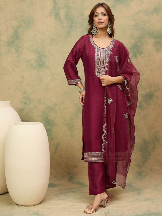 Dhiyona VA Women'sYoke Design Ethnic Motifs Straight Kurta With Trousers & Dupatta