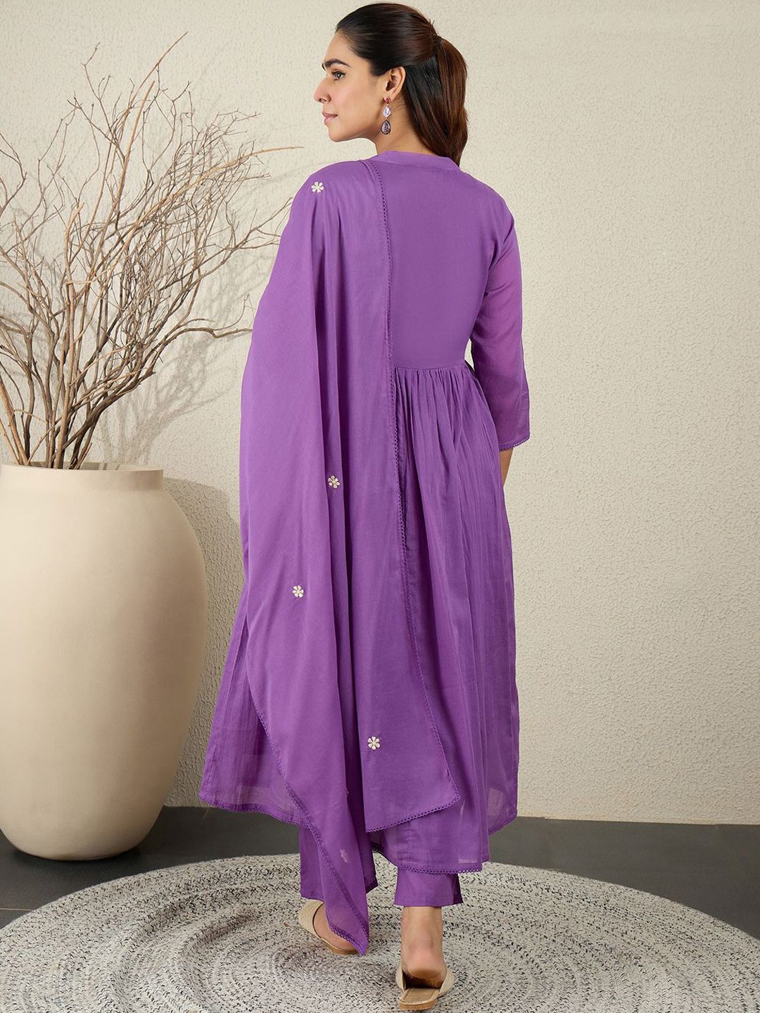 Floral Embroidered Anarkali Thread Work Pure Cotton Kurta With Trousers & Dupatta