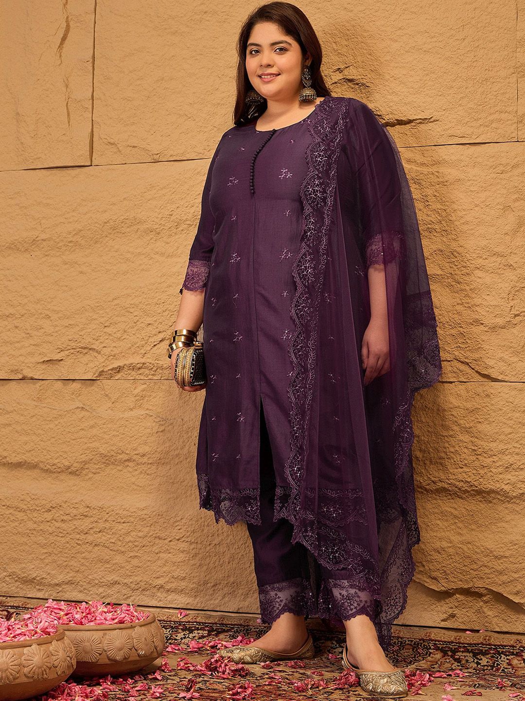 Dhiyona IN Floral Embroidered A-Line Kurta with Trousers & Dupatta