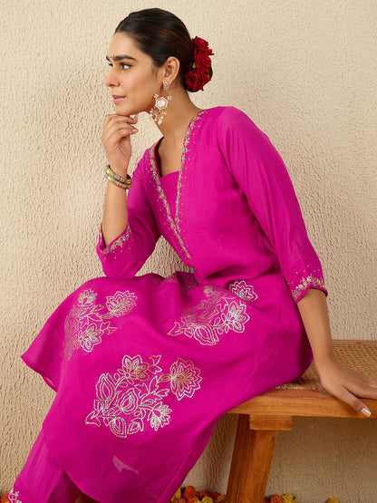Floral Embroidered Square Neck Gotta Patti A-Line Kurta With Trousers