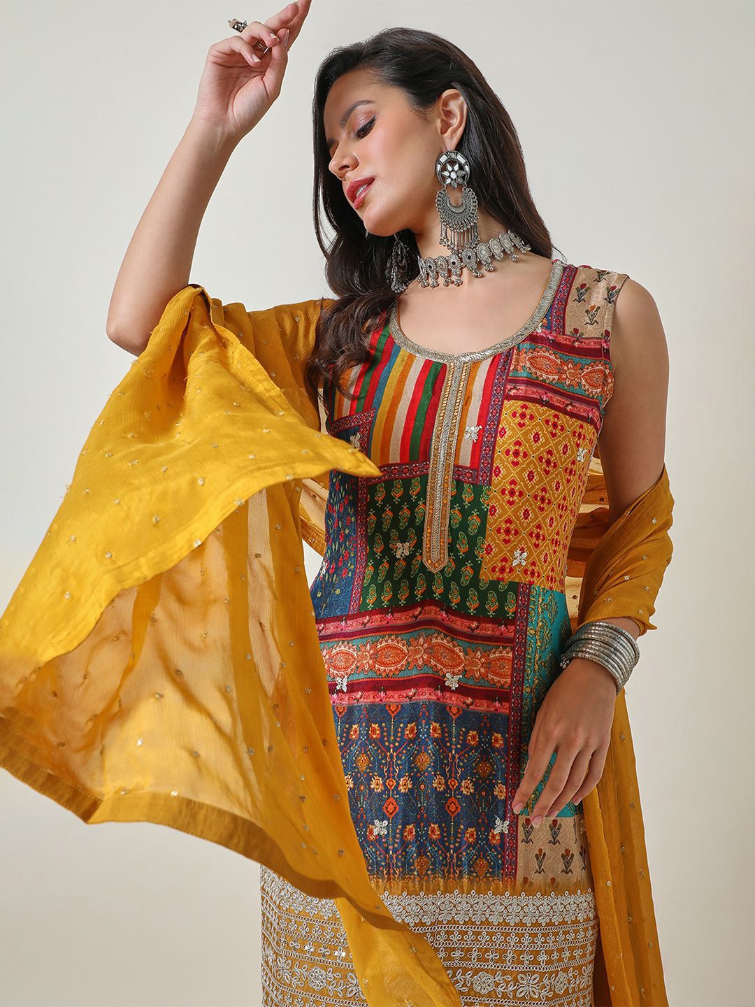 Dhiyona SO Women's Mustard Yellow Ethnic Motifs Printed Zari Straight Kurta With Sharara & Dupatta