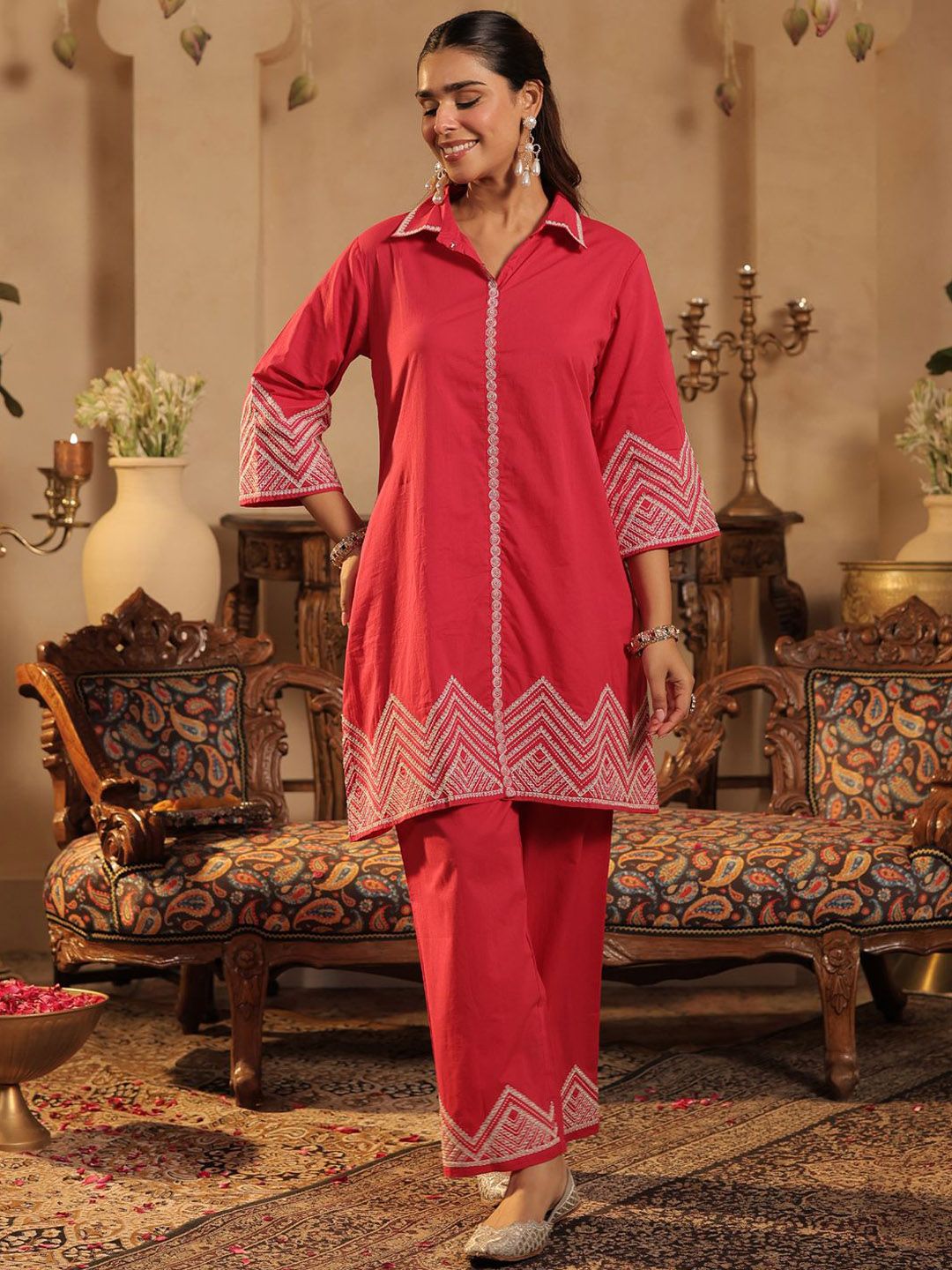 Dhiyona IE Women Embroidered Shirt Collar Pure Cotton Tunic & Trouser Co-Ord Set