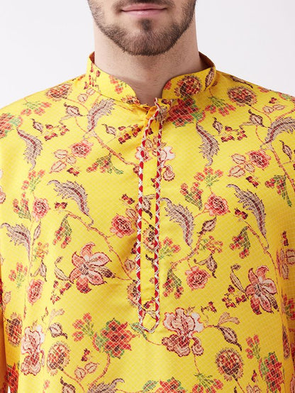 Men's MulticolorBaseMustard Muslin Straight Kurta Pyjama Set