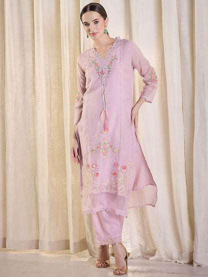Floral Embroidered Thread Work Kurta With Trousers & Dupatta