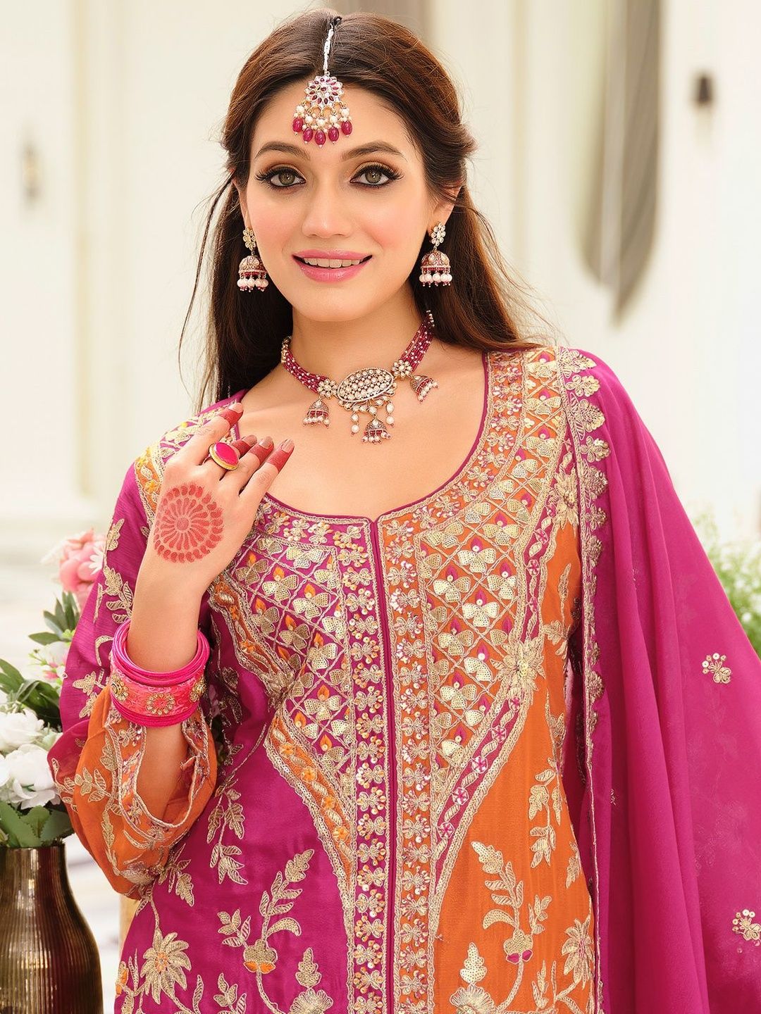 Women Ethnic Motifs Embroidered Panelled Kurta with Palazzos & Dupatta