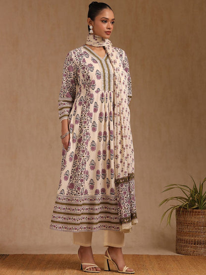 Dhiyona SO Women's Women Floral Printed Regular Mirror Work Pure Cotton Kurta with Trousers & Dupatta
