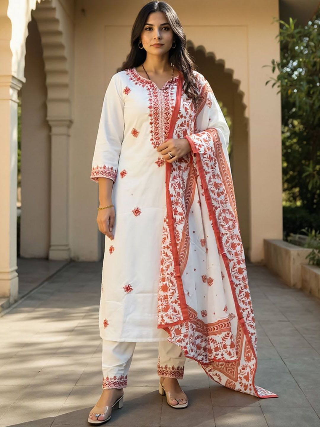 Floral Embroidered Pure Cotton Kurta With Trousers & Dupatta